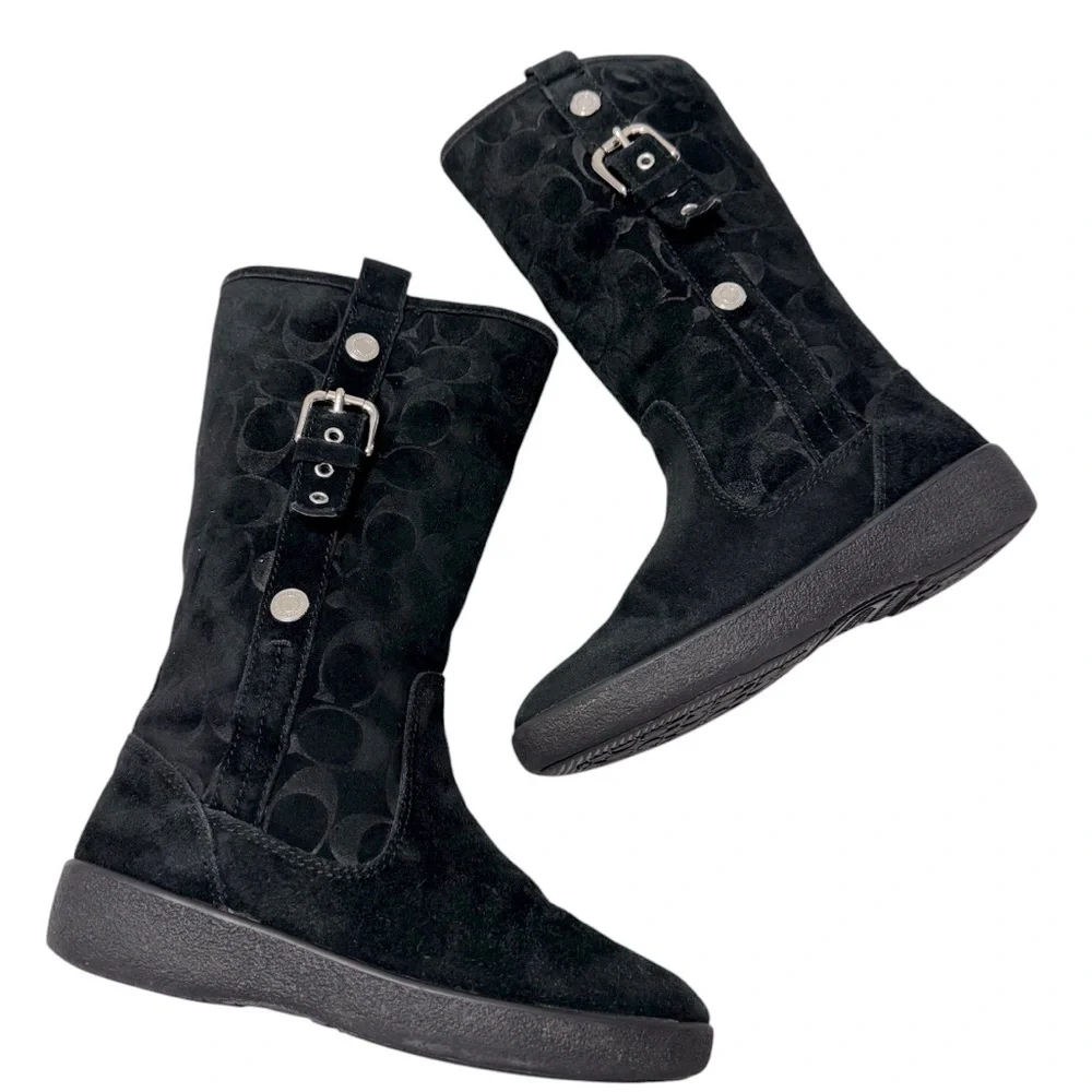 Coach Tullip Signature Print Suede Black‎ Leather Fleece Winter Boots Womens 5 B